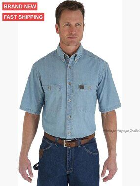 Men's Short Sleeve Chambray Work Shirt, Loose Fit, Button Down Collar